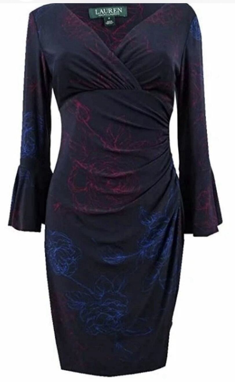 Ralph Lauren Navy-Multi Elsietta V-Neck Stretch Jersey Sheath Dress Size 16 NWT